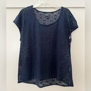 Lucky Brand Navy Blue Floral Lace Pattern Short Sleeve Top Size M